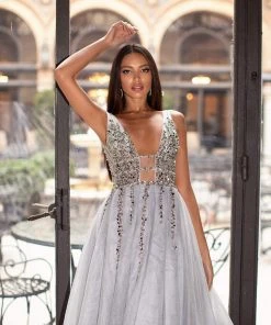 Alamour Made-To-Order Yolanda Beaded Tulle Gown - Silver 14 Alamour Made-To-Order Yolanda Beaded Tulle Gown - Silver