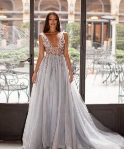 Alamour Made-To-Order Yolanda Beaded Tulle Gown - Silver 16 Alamour Made-To-Order Yolanda Beaded Tulle Gown - Silver