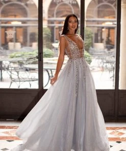 Alamour Made-To-Order Yolanda Beaded Tulle Gown - Silver