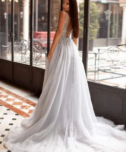 Alamour Made-To-Order Yolanda Beaded Tulle Gown - Silver