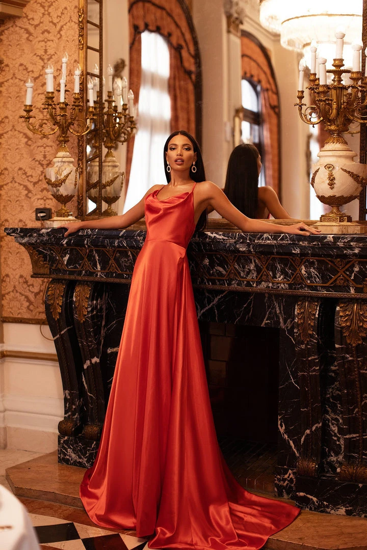 Alamour Made-To-Order Livnia Satin Gown - Orange A-Line Gowns 1 Alamour Made-To-Order Livnia Satin Gown - Orange A-Line Gowns