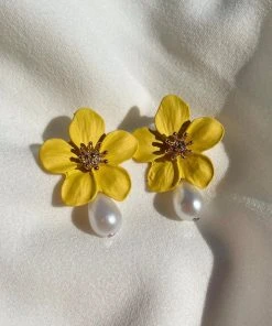 Alamour The Label Adele Yellow Flower Pearl Studs NEW ARRIVALS