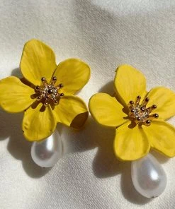Alamour The Label Adele Yellow Flower Pearl Studs NEW ARRIVALS