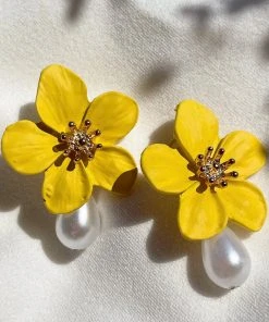 Alamour The Label Adele Yellow Flower Pearl Studs NEW ARRIVALS
