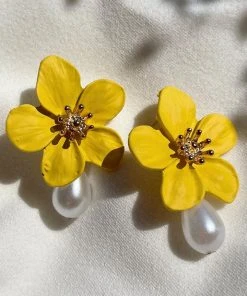 Alamour The Label Adele Yellow Flower Pearl Studs NEW ARRIVALS
