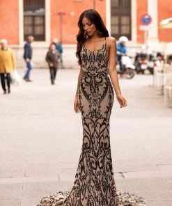 Alamour Made-To-Order Ramona Sequin Gown - Nude & Black