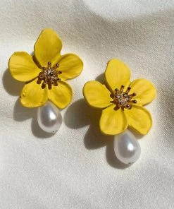 Alamour The Label Adele Yellow Flower Pearl Studs NEW ARRIVALS